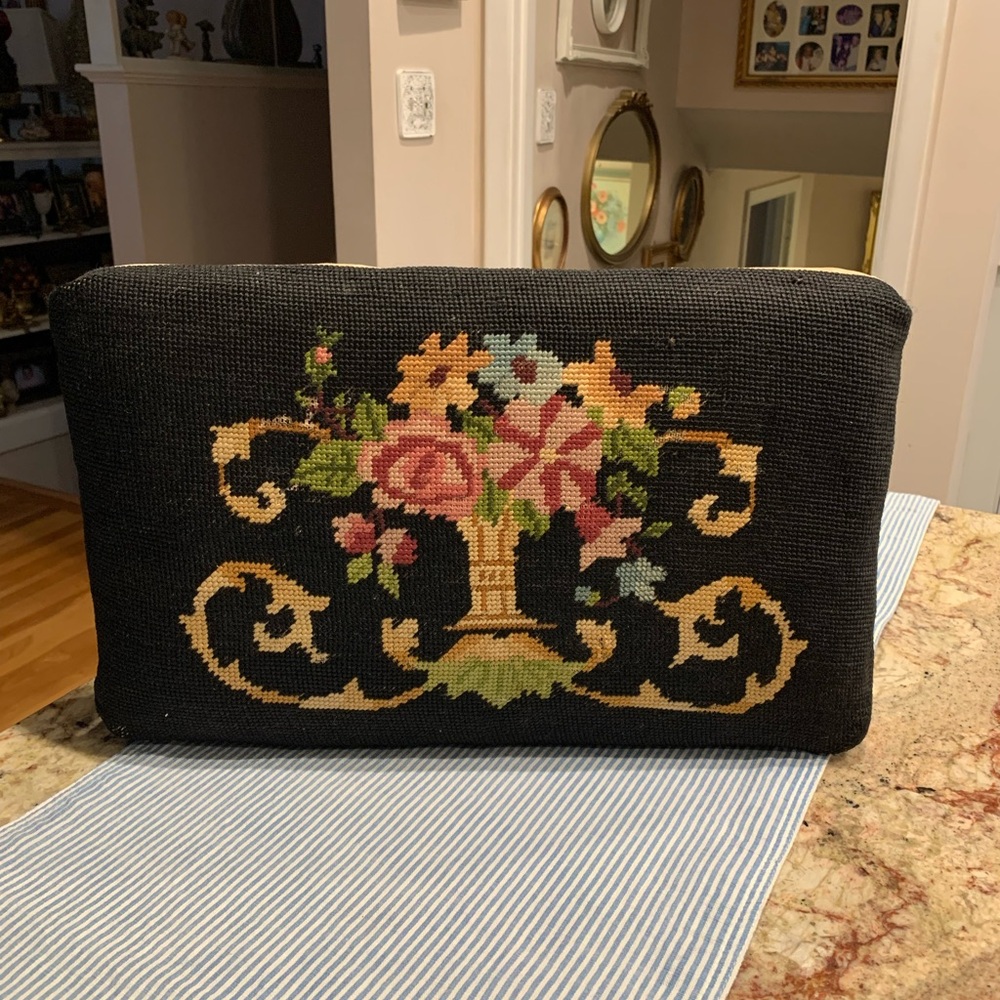 Antique Floral Needlepoint upholstery Footstool